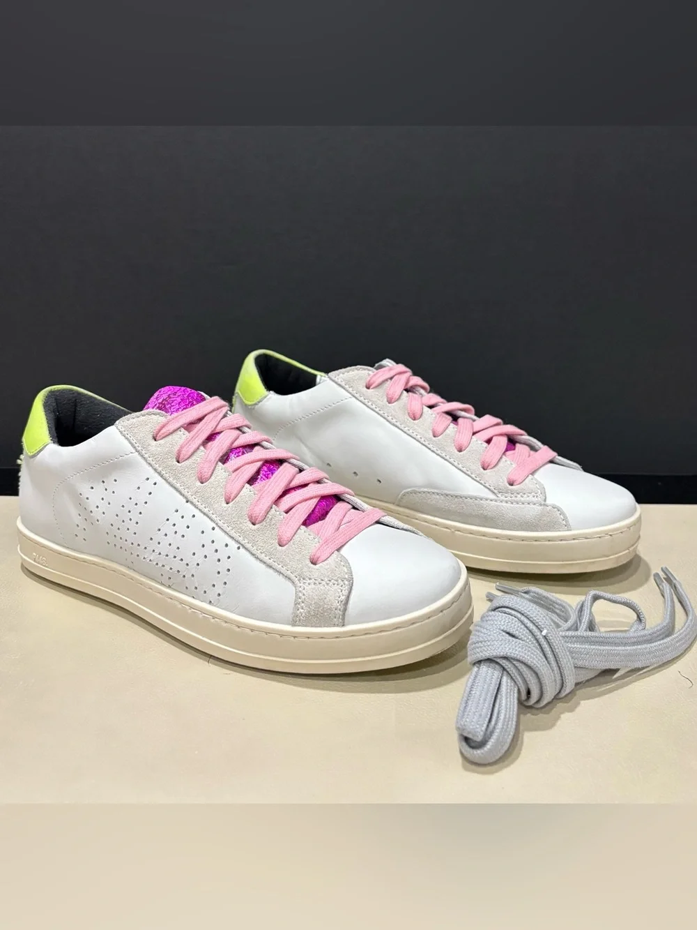 P448 Leather Sneaker John Dogma Low Top, White, Size 36, Neon Retro 80s Beach